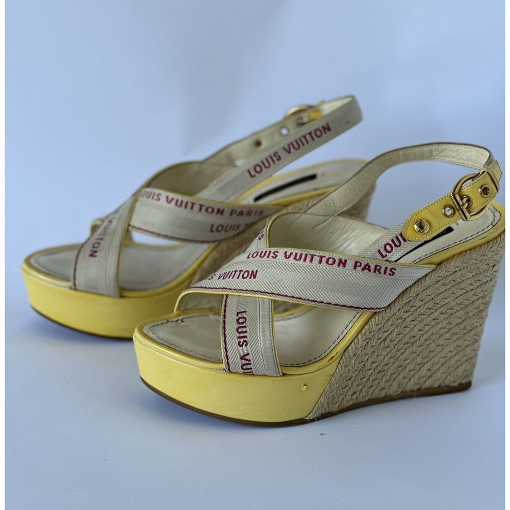 Louis Vuitton Logo Wedge Sandals Heels Espadrilles Cream w Yellow Patent EU 37 - Picture 2 of 11